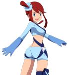  1girl ass blue_eyes breasts fuuro_(pokemon) gloves gym_leader hair_ornament long_hair looking_at_viewer midriff open_mouth pokemon pokemon_(game) pokemon_bw redhead ribonzu shorts sideboob sidelocks simple_background smile solo white_background 