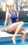  1girl :o ahoge artoria_pendragon_(all) artoria_pendragon_(lancer) bangs bare_arms bare_legs bare_shoulders barefoot blue_swimsuit blurry blurry_background braid breasts collarbone competition_swimsuit day depth_of_field eyebrows_visible_through_hair fate/grand_order fate_(series) food hair_intakes highres holding holding_food impossible_clothes impossible_swimsuit large_breasts one-piece_swimsuit open_mouth outdoors pool poolside popsicle sidelocks sitting soaking_feet solar_(happymonk) solo swimsuit water 