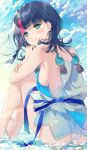  1girl ass black_hair blue_eyes blue_sky blush breasts clouds fate/grand_order fate/requiem fate_(series) from_side highres knees_to_chest kuroki_(ma-na-tu) looking_at_viewer medium_breasts multicolored_hair partially_submerged sideboob sky smile solo streaked_hair utsumi_erise water 