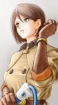  1girl brown_hair choker earrings gloves highres jewelry military military_uniform short_hair solo the_king_of_fighters uniform upper_body whip whip_(kof) x_chitch 