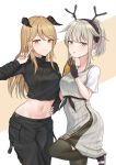  2girls absurdres antlers arknights bangs beige_background black_gloves black_hairband black_legwear black_pants black_sweater blush breasts brown_eyes brown_hair commentary_request cowboy_shot crop_top dress eyebrows_visible_through_hair firewatch_(arknights) gloves grey_dress grey_eyes hairband hand_on_hip hand_up hands_up highres horns index_finger_raised long_hair long_sleeves looking_at_viewer mango_(mgo) medium_breasts meteorite_(arknights) midriff multiple_girls navel own_hands_together pants parted_lips ponytail shirt short_ponytail short_sleeves silver_hair smile standing standing_on_one_leg steepled_fingers stomach sweater thigh-highs turtleneck turtleneck_sweater two-tone_background white_background white_shirt 