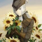  1girl ascot blonde_hair bloodborne blue_eyes cape coat cravat flower gloves hat hat_feather highres holding jeweled_cravat jewelry lady_maria_of_the_astral_clocktower long_hair looking_at_viewer ponytail simple_background smile solo the_old_hunters tokyo_bay_seal white_hair 