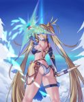  1girl arm_up ass back bangs bare_shoulders bikini blonde_hair blue_bikini blue_eyes blue_sky bradamante_(fate/grand_order) braid breasts closed_mouth crown_braid elbow_gloves energy_shield fate/grand_order fate_(series) faulds gloves hair_between_eyes hair_ornament highres large_breasts long_hair looking_at_viewer looking_back mrnn scepter shield sky smile swimsuit thigh_strap thighs twintails two-tone_bikini very_long_hair white_bikini 