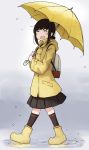  1girl ^_^ ^o^ absurdres backpack bag black_hair black_legwear black_skirt blush boots closed_eyes coat eyebrows_visible_through_hair fubuki_(kantai_collection) full_body highres holding holding_umbrella kantai_collection kneehighs long_sleeves ma_rukan open_mouth pleated_skirt raincoat remodel_(kantai_collection) rubber_boots short_hair skirt smile solo umbrella walking yellow_coat 