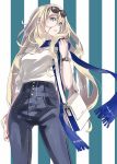  1girl bag blonde_hair blue_eyes blue_scarf breasts closed_mouth commentary_request contemporary denim eyewear_on_head from_below hair_between_eyes high-waist_pants highres jeans jewelry kantai_collection long_hair looking_at_viewer medium_breasts nail_polish necklace pants richelieu_(kantai_collection) ring scarf shoulder_bag simple_background solo striped striped_background sugue_tettou vertical_stripes watch watch 