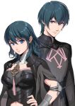  1boy 1girl armor blue_eyes blue_hair brother_and_sister byleth_(fire_emblem) byleth_eisner_(female) byleth_eisner_(male) byleth_eisner_(female) byleth_eisner_(male) closed_mouth cute female_my_unit_(fire_emblem:_three_houses) fire_emblem fire_emblem:_three_houses fire_emblem:_three_houses fire_emblem_16 intelligent_systems male_my_unit_(fire_emblem:_three_houses) mueririko my_unit_(fire_emblem:_three_houses) navel navel_cutout nintendo short_hair siblings simple_background smile upper_body white_background young_adult 