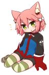  1girl 7th_dragon 7th_dragon_(series) :o animal_ears arm_support bangs bike_shorts black_shorts blue_jacket blush cat_ears eyebrows_visible_through_hair full_body gloves green_eyes hair_between_eyes hair_bobbles hair_ornament harukara_(7th_dragon) highres jacket long_sleeves looking_at_viewer naga_u no_shoes one_side_up parted_lips pink_hair red_gloves short_shorts shorts simple_background sitting solo striped striped_legwear thigh-highs white_background yokozuwari 