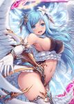  1girl :d akkijin angel angel_wings armpits bare_shoulders blue_eyes blue_hair breasts center_opening clouds elbow_gloves feathered_wings floating_hair flower frills gloves gold_trim hair_flower hair_ornament halo highleg large_breasts long_hair looking_at_viewer navel official_art open_mouth outstretched_arm revealing_clothes shinkai_no_valkyrie sideboob smile solo stomach thigh-highs thighs two_side_up waist_cape watermark white_gloves white_legwear wings 