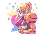  1girl armor blonde_hair blue_eyes blush_stickers breastplate bright_pupils closed_mouth floating_hair gauntlets headwear_removed helmet helmet_removed holding holding_helmet looking_at_viewer metroid mole mole_under_mouth pauldrons ponytail power_armor rariatto_(ganguri) samus_aran smile solo sparkle upper_body v-shaped_eyebrows white_background 