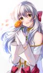  1girl :d absurdres bangs bare_shoulders blush bow brown_eyes commentary_request detached_sleeves dress eyebrows_visible_through_hair fire_emblem fire_emblem_heroes flower gloves hair_between_eyes hair_bow hands_up highres holding holding_flower huge_filesize long_hair long_sleeves micaiah_(fire_emblem) open_mouth orange_flower petals red_bow satoimo_chika silver_hair simple_background smile solo upper_body very_long_hair white_background white_dress white_gloves white_sleeves wide_sleeves 