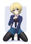  1girl :o absurdres bangs black_bra black_legwear black_neckwear blonde_hair blue_eyes blue_skirt blue_sweater bra braid clothes_lift darjeeling_(girls_und_panzer) dress_shirt eyebrows_visible_through_hair full_body girls_und_panzer grey_background highres kano_(nakanotakahiro1029) kneeling lifted_by_self long_sleeves looking_at_viewer miniskirt necktie no_shoes open_clothes open_shirt pantyhose parted_lips pleated_skirt school_uniform shadow shirt short_hair skirt skirt_tug solo st._gloriana&#039;s_school_uniform sweater sweater_lift tied_hair twin_braids underwear white_shirt wing_collar 