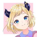 1girl blonde_hair blue_eyes closed_mouth highres hololive horn_ornament horns looking_at_viewer pink_background pointy_ears sakura_raku short_hair simple_background smile solo tied_hair virtual_youtuber younger yuzuki_choco 