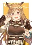  animal_ear_fluff animal_ears arknights artist_name baggy_clothes bangs belt belt_buckle buckle ceobe_(arknights) chinese_text dog_ears dog_girl english_text eyebrows_visible_through_hair fang filthywoooof heart highres jacket light_brown_hair long_hair long_sleeves looking_at_viewer nail_polish open_mouth paw_pose red_eyes shoulder_armor shoulder_pads upper_body 