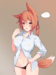  1girl ? absurdres animal_ears black_panties blush breasts chun_bae covered_nipples cowboy_shot fox_ears fox_girl fox_tail groin hair_between_eyes hand_up highres large_breasts lifted_by_self looking_at_viewer navel no_bra open_mouth orange_hair original panties partially_unbuttoned ponytail red_eyes shirt shirt_lift simple_background slit_pupils solo spoken_question_mark tail underwear white_shirt 