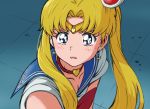  1girl bangs bishoujo_senshi_sailor_moon blonde_hair blue_eyes blue_sailor_collar blush choker circlet collarbone commentary_request crescent crescent_earrings earrings ears eyelashes heart heart_choker highres jewelry long_hair looking_to_the_side open_mouth sailor_collar sailor_moon sailor_moon_redraw_challenge sailor_senshi_uniform solo tile_floor tiles tsukino_usagi twintails yoshi_(user_agxv5522) 