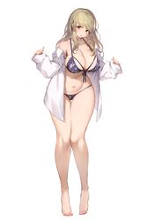  1girl :o absurdres bangs bare_shoulders blonde_hair blue_bra blue_panties bra breasts brown_eyes covered_nipples curvy dress_shirt eyebrows_visible_through_hair full_body gougasha_akira gougasha_akira_(character) highres large_breasts long_hair looking_at_viewer nail_polish navel no_horn off_shoulder open_clothes open_shirt original panties pink_nails shirt side-tie_panties simple_background sleeves_past_wrists solo standing thigh_gap underwear white_background white_shirt 