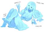  1girl :d blue_eyes breasts collarbone commentary_request disembodied_limb hand_up heterochromia lansane large_breasts looking_at_viewer monster_girl open_mouth original severed_arm severed_limb slime_girl smile solo translation_request violet_eyes 