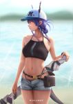  1girl absurdres arknights artist_name bare_arms bare_shoulders baseball_cap belt bikini black_bikini blue_hair blurry blurry_background breasts ch&#039;en_(arknights) commentary cowboy_shot dragon_horns dragon_tail grey_shorts hat heart highleg highleg_bikini highres horns horns_through_headwear long_hair looking_to_the_side medium_breasts navel outdoors patrickj1703 pouch profile red_eyes short_shorts shorts solo standing stomach swimsuit tail thighs tied_hair 