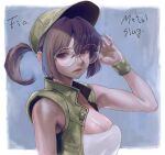  1girl baseball_cap breasts brown_eyes brown_hair character_name commentary_request copyright_name fio_germi glasses hat highres hiro1984 large_breasts metal_slug military ponytail round_eyewear simple_background solo upper_body vest 
