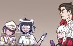  &gt;_&lt; 1boy 6+girls :d angel azazel_(helltaker) black_hair blue_eyes breasts brown_background gloves hair_over_one_eye halo helltaker helltaker_(character) horns lucifer_(helltaker) military military_uniform mole mole_under_eye multiple_girls open_mouth purple_gloves red_eyes ro_(aahnn) short_hair simple_background smile sunglasses sweatdrop teeth uniform white_gloves 