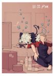  12itiniti 2girls alcohol barefoot bed black_nails bottle breasts controller cup demon_girl demon_horns demon_tail game_controller helltaker highres horns malina_(helltaker) modeus_(helltaker) multiple_girls musical_note nose_bubble red_shirt shirt short_hair sleeping tail television white_hair zzz 