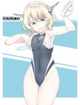  1girl alternate_costume black_swimsuit blonde_hair blue_eyes blush braid breasts character_name clothes_writing colorado_(kantai_collection) cowboy_shot eyebrows_visible_through_hair groin headgear holding kantai_collection large_breasts one-piece_swimsuit open_mouth short_hair sideboob solo souji swimsuit tupet 