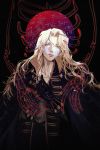  1boy absurdres alucard_(castlevania) bishounen black_gloves blonde_hair castlevania castlevania_(netflix) constellation_print gloves hand_on_own_chest high_collar highres long_hair looking_at_viewer male_focus ngop popped_collar silver_hair skeleton solo vampire white_hair yellow_eyes 