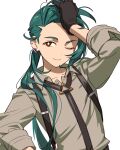  1girl ;) arm_up bright_pupils closed_mouth commentary_request gloves green_hair hashima_(hashima-dr) long_hair messy_hair necktie one_eye_closed pokemon pokemon_(game) pokemon_sv red_eyes rika_(pokemon) shirt smile solo suspenders upper_body white_pupils 
