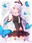  .live 1girl armpit_peek blush breasts bug butterfly carro_pino commentary_request headband highres insect long_hair navel purple_hair sleeveless smile solo violet_eyes virtual_youtuber 