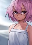  1girl blue_background blurry blurry_background bob_cut closed_mouth depth_of_field dress hair_between_eyes looking_to_the_side original pink_hair revision short_hair solo sundress upper_body violet_eyes white_dress zakusi 