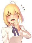 1girl :d ahoge artoria_pendragon_(all) blonde_hair blush boa_(brianoa) closed_eyes collared_shirt facing_viewer fate/stay_night fate_(series) hair_ribbon highres laughing long_sleeves looking_at_viewer neck_ribbon notice_lines open_mouth purple_ribbon ribbon saber shirt short_hair simple_background smile solo upper_body white_background white_shirt wing_collar 