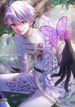  1boy absurdres belt black_gloves bug butterfly dated day gloves happy_birthday highres idolish_7 ikurikaito insect looking_at_viewer male_focus osaka_sougo outdoors pants purple_butterfly sitting smile solo violet_eyes white_hair white_pants 