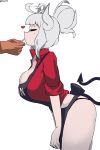  1girl aiki_firstw1 bangs breasts demon_girl demon_horns demon_tail firstw1 gloves helltaker horns long_hair looking_at_viewer lucifer_(helltaker) mole mole_under_eye red_eyes solo tail white_hair white_horns 