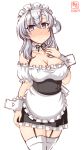  1girl alternate_costume apron artist_logo black_skirt blouse blush commentary_request cowboy_shot dated detached_sleeves enmaided frilled_apron frilled_blouse frilled_skirt frills garter_straps grey_eyes highres kanon_(kurogane_knights) kantai_collection long_hair looking_at_viewer maid maid_headdress nose_blush one_side_up silver_hair simple_background skirt solo suzutsuki_(kantai_collection) thigh-highs waist_apron white_apron white_background white_blouse white_legwear wrist_cuffs 