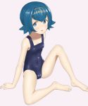  1girl arm_support bangs barefoot blue_eyes blue_hair blush breasts collarbone commentary_request covered_navel eyebrows_visible_through_hair feet gold_hairband hairband highres looking_at_viewer open_mouth pink_background pokemon pokemon_(game) pokemon_sm sc_naru school_swimsuit shiny shiny_hair shiny_swimsuit short_hair simple_background sitting small_breasts solo spread_legs suiren_(pokemon) swimsuit thighs toes 
