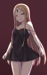 1girl abigail_williams_(fate/grand_order) bangs bare_shoulders black_dress blonde_hair breasts brown_background collarbone dress elfenlied22 fate/grand_order fate_(series) forehead grin highres keyhole long_hair looking_at_viewer parted_bangs pink_eyes short_dress simple_background small_breasts smile strap_slip thighs 
