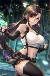  1girl absurdres artist_name bangs bare_shoulders belt beltskirt black_hair black_legwear black_shorts black_skirt blurry blurry_background blush breasts brown_hair clenched_hands closed_mouth collarbone commentary_request earrings elbow_gloves eyebrows_visible_through_hair fighting_stance final_fantasy final_fantasy_vii final_fantasy_vii_remake fingerless_gloves fingernails gloves highres iria_(yumeirokingyo) jewelry large_breasts light_smile lips long_hair looking_at_viewer low-tied_long_hair midriff miniskirt navel red_eyes shiny shiny_clothes shiny_hair shiny_skin shorts signature simple_background skirt sleeveless smile solo suspender_skirt suspenders tank_top thigh-highs tied_hair tifa_lockhart white_tank_top 