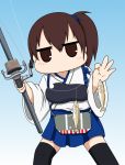  1girl apron black_legwear blue_background blue_hakama brown_eyes brown_hair commentary_request cowboy_shot fishing_line fishing_rod gradient gradient_background hakama hakama_skirt highres holding holding_fishing_rod japanese_clothes kaga_(kantai_collection) kantai_collection long_hair looking_at_viewer muneate no_mouth side_ponytail solo standing tasuki thigh-highs yakuto007 