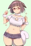  1girl :o animal_ears bangs black_hair black_shorts blunt_bangs bob_cut brown_hair character_request clenched_hands collarbone copyright_request cowboy_shot crop_top deyuuku frilled_shirt frilled_shorts frilled_sleeves frills fur_choker fur_cuffs green_background groin hands_up looking_at_viewer midriff navel neck_bell red-framed_eyewear red_eyes semi-rimless_eyewear shirt short_hair short_shorts short_sleeves shorts simple_background solo sparkle tail thigh-highs under-rim_eyewear white_shirt wrist_cuffs 