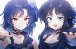  2girls bangs black_gloves blue_bow blue_eyes blue_hair blunt_bangs blurry_foreground bow brown_eyes earrings fingerless_gloves gloves grin hair_bow highres idolmaster idolmaster_million_live! idolmaster_million_live!_theater_days jewelry kisaragi_chihaya long_hair long_neck looking_at_viewer mogami_shizuka multiple_girls necklace off_shoulder open_mouth outstretched_hand ranobigi0820 signature simple_background sleeveless smile upper_body white_background 