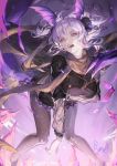 1girl absurdres arknights fangs head_wings highres jewelry leaning_forward long_hair looking_up manticore_(arknights) miniskirt necklace pale_skin purple_hair scarf see-through skirt solo spade-m tail teeth violet_eyes