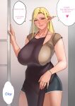  1girl absurdres apron blonde_hair bracelet breasts brown_shirt cutoffs english_text green_eyes highres jewelry jnsdh large_breasts long_hair mature_female open_door original parted_lips pointy_ears ring shirt short_shorts short_sleeves shorts smile standing thighs 