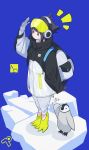  1girl absurdres backpack bag bird black_eyes black_hair blue_background commentary_request fami_(yellow_skies) full_body gloves highres ice long_sleeves looking_away original penguin salute short_hair simple_background standing 