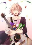  1boy ^_^ ^o^ acoustic_guitar ahoge black_choker bracelet brown_hair choker closed_eyes collarbone commentary_request confetti earrings eyebrows_visible_through_hair guitar hair_between_eyes happy hat holding holding_hat holding_instrument holding_stuffed_toy holostars instrument jewelry luigi male_focus super_mario_bros. necklace nyokkiiiiin open_mouth rikka_(holostars) ring round_teeth shirt simple_background smile solo stuffed_toy sweater teeth tetris upper_body virtual_youtuber 