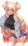  1girl :d bare_shoulders black_shirt blonde_hair breasts cowboy_shot crop_top denim denim_shorts exposed_pocket fang gradient_hair grey_jacket halterneck hand_up highleg highres jacket large_breasts long_hair looking_at_viewer midriff mio_(mgr300) multicolored_hair navel off_shoulder open_clothes open_jacket open_mouth original pink_eyes ribbed_shirt shirt short_shorts shorts skindentation sleeveless sleeveless_shirt smile solo thigh-highs thighs torn_clothes torn_shorts two_side_up very_long_hair white_legwear 
