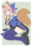  1girl absurdres animal_ear_fluff animal_ears bare_shoulders blue_bow blue_kimono border bow breasts clea clog_sandals closed_mouth detached_sleeves donguri_suzume double_fox_shadow_puppet fate/extra fate_(series) fox_ears fox_shadow_puppet fox_tail from_behind green_background hair_bow highres japanese_clothes kimono large_breasts long_sleeves looking_at_viewer looking_back pink_hair purple_legwear simple_background sitting smile solo tail tamamo_(fate)_(all) tamamo_no_mae_(fate) thigh-highs twintails white_background white_border yellow_eyes yokozuwari zettai_ryouiki 