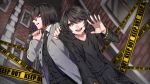  2boys :d black_neckwear black_pants black_vest caution_tape copyright_name dairoku_youhei grey_eyes grey_jacket hand_on_shoulder hand_up highres ikurikaito jacket male_focus multiple_boys necktie neckwear open_mouth outdoors over_shoulder pants smile suitcase vest violet_eyes 