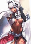  animal_ears blonde_hair blue_eyes blurry blurry_background breasts caenis_(fate) dark_skin elbow_gloves fate/grand_order fate_(series) gloves highres kirschtaria_wodime large_breasts long_hair navel sabamori11 smile stretch tattoo white_hair 