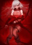  1girl absurdres ambiguous_red_liquid arknights bangs bare_shoulders blush commentary feet_out_of_frame grin hair_between_eyes highres long_hair looking_at_viewer molyb pantyhose parted_lips pointy_ears red_eyes silver_hair sleeveless smile solo warfarin_(arknights) 
