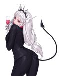  1girl :p alcohol bangs black_pants black_suit commentary cup demon_girl demon_horns demon_tail drinking_glass formal gloves headdress helltaker highres horns long_hair looking_at_viewer low-tied_long_hair lucifer_(helltaker) mole mole_under_eye pant_suit pants red_eyes silver_hair simple_background siun solo suit tail tongue tongue_out white_background white_gloves white_horns wine wine_glass 